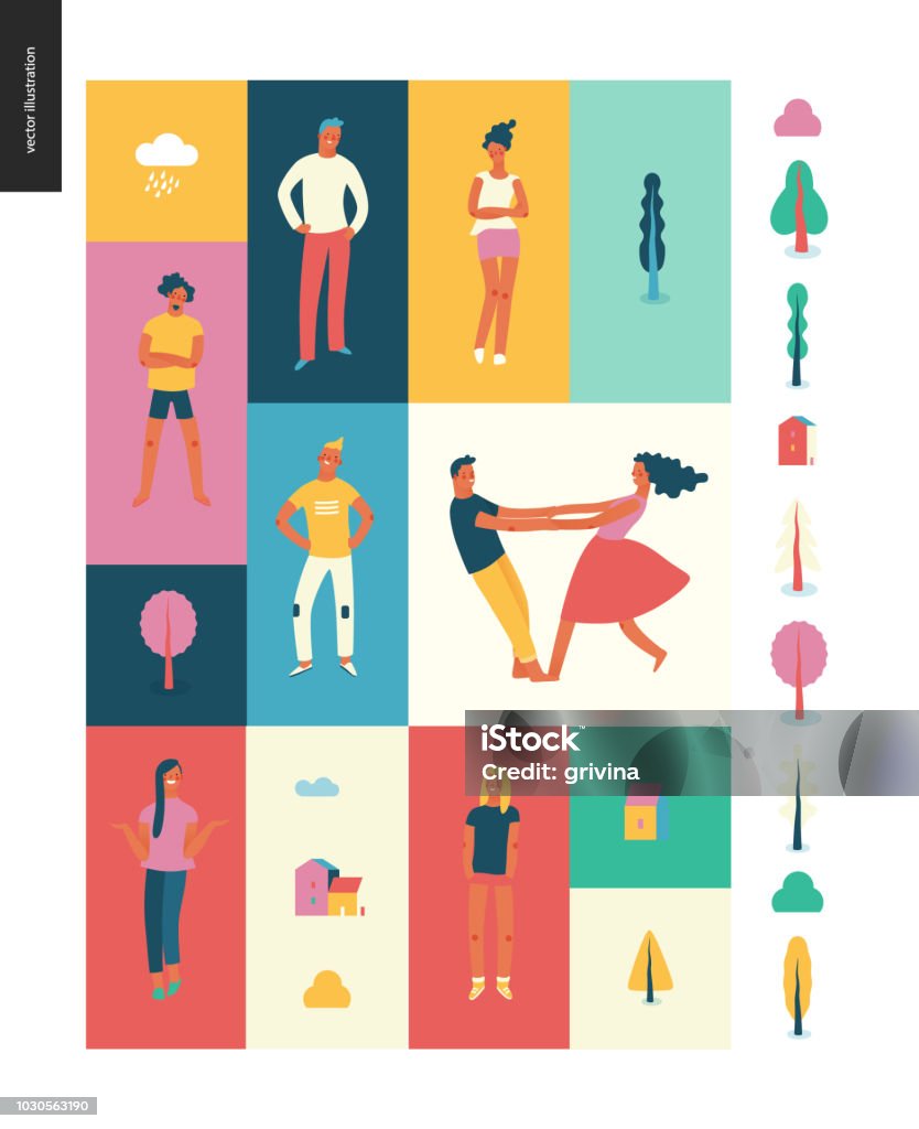 Bright people portraits set - young men and women Bright people portraits pattern -young men and women - set of various posing people in fashion colors - standing with arms akimbo, crossed arms, whirling couple holding their hands, concept characters Smiling stock vector