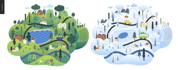 ilustrações, clipart, desenhos animados e ícones de paisagem mágica temporada - vibrant color forest ice snow