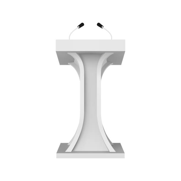 istock Speech podium mockup. White tribune with microphones. Rostrum stand vector illustration. 1030580850