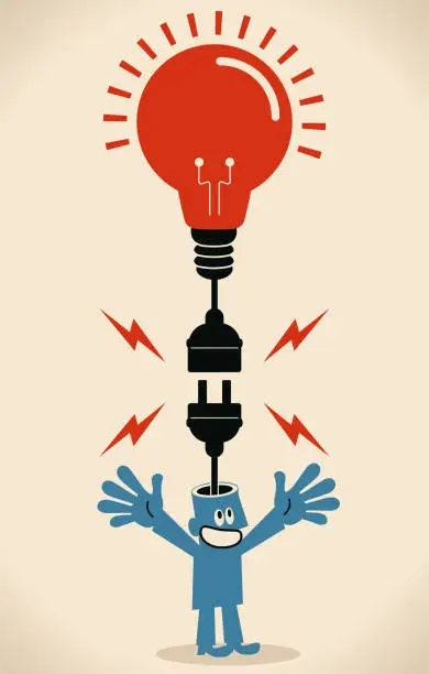 Vector illustration of Smiling blue man with electrical plug and socket plugging in the idea light bulb