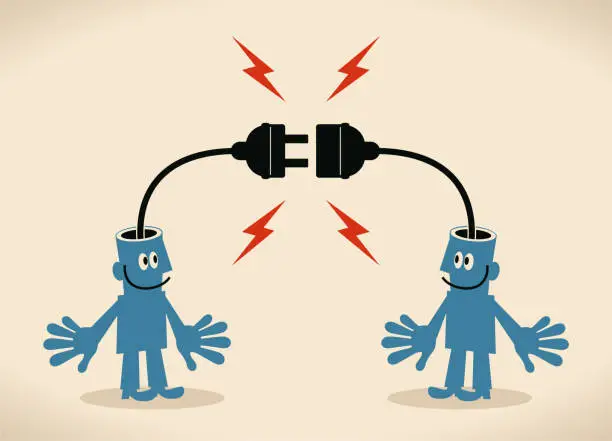 Vector illustration of Two smiling blue men with electrical plug and socket plugging in each other