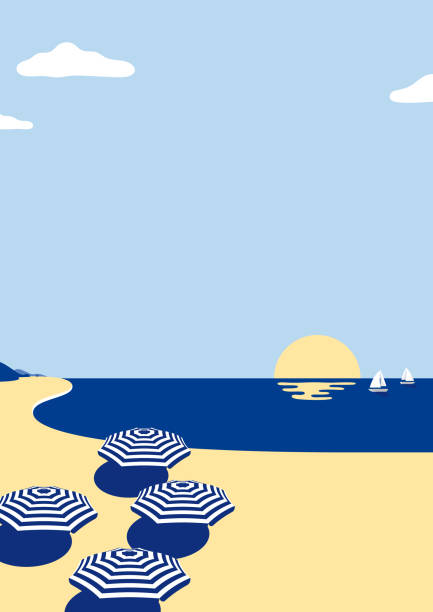 Summer Beach Scene Background This illustrated beach scene would make an ideal background for your summer design project. The illustrator 10 vector file can be coloured and customized to suit your needs and scaled infinitely without any loss of quality. landscape coastline sea vacations stock illustrations