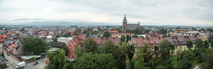 The panoramic morning view of Nowy Targ, the capital town of Podhale region (Poland).