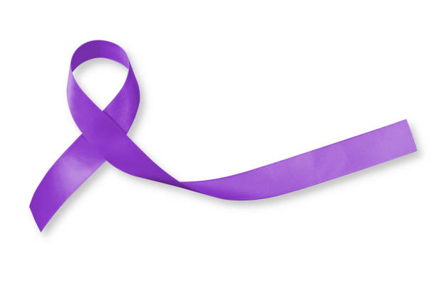 linfoma di hodgkin e consapevolezza del cancro testicolare nastro viola simbolico colore dell'arco su sfondo bianco (isolato con percorso di ritaglio) - hodgkins disease foto e immagini stock
