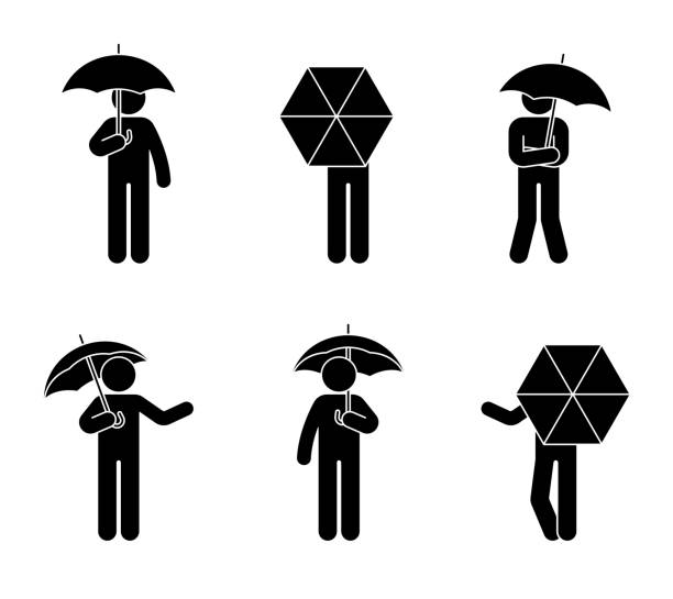 스틱 그림 남자 열린된 우산 아이콘으로 설정합니다. 다른 포즈에 비가 아래 사람들 - protection umbrella people stick figure stock illustrations
