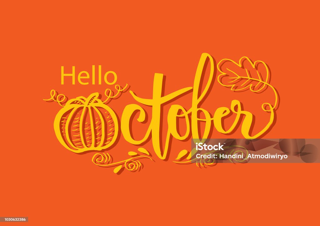 Bonjour à octobre, l’automne manuscrite tapez lettrage. - clipart vectoriel de Octobre libre de droits