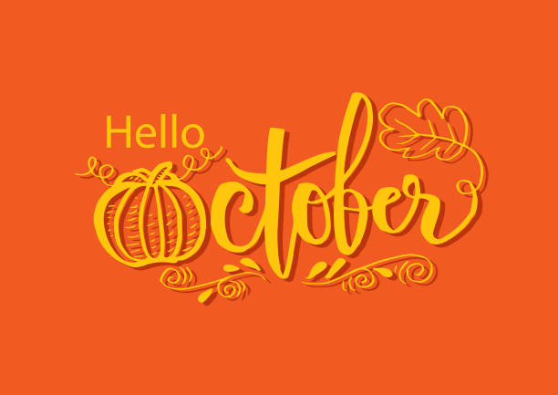 illustrations, cliparts, dessins animés et icônes de bonjour à octobre, l’automne manuscrite tapez lettrage. - octobre