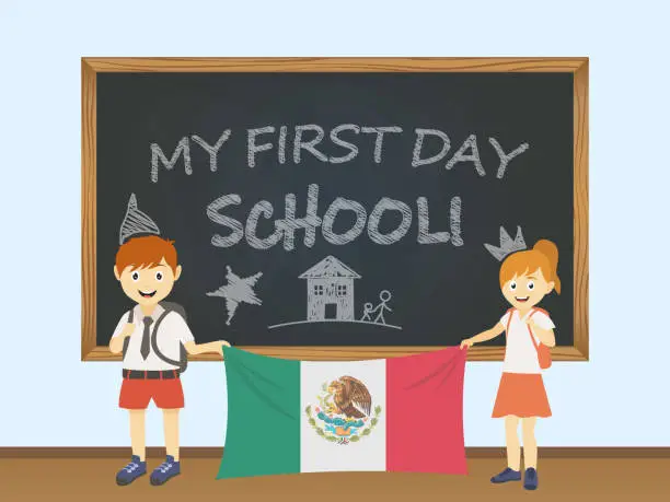 Vector illustration of Colored smiling children, boy and girl, holding a national Mexico flag behind a school board illustration. Vector cartoon illustration of first school day