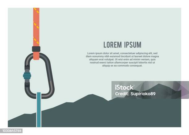 Carabiner And Rope With Mountain Silhouette Background Stock Illustration - Download Image Now