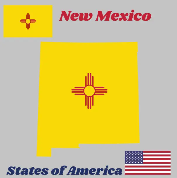 Vector illustration of Map outline and flag of New Mexico, The red and yellow of old Spain. The ancient Zia Sun symbol in red, in the center of a field of yellow.