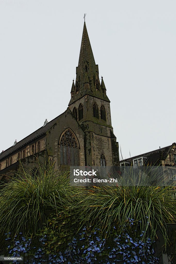 Gothic church on a rainy day fineness of the Gothic cathedral marked with contour lines, bottom view, unhospitable climate of Scotland, stylization of graphic arts Hogwarts School of Witchcraft and Wizardry Stock Photo