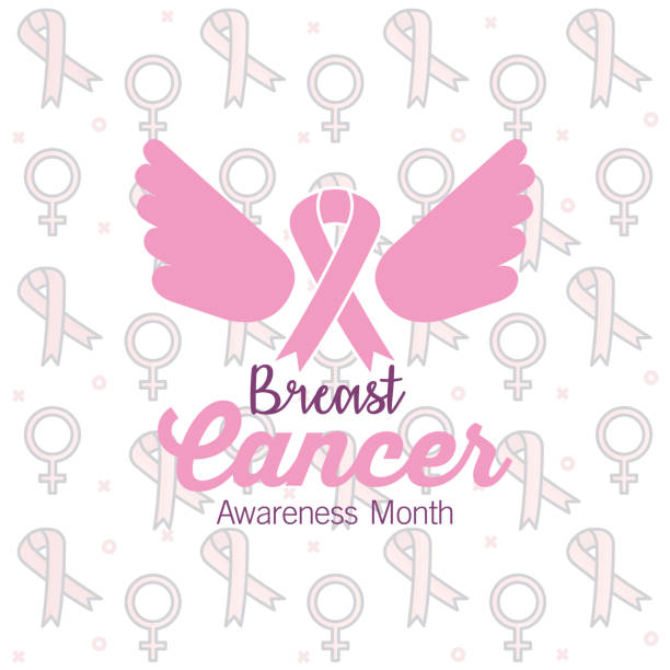 лента розовый с крыльями рака молочной железы значок - breast cancer pink ribbon alertness stock illustrations