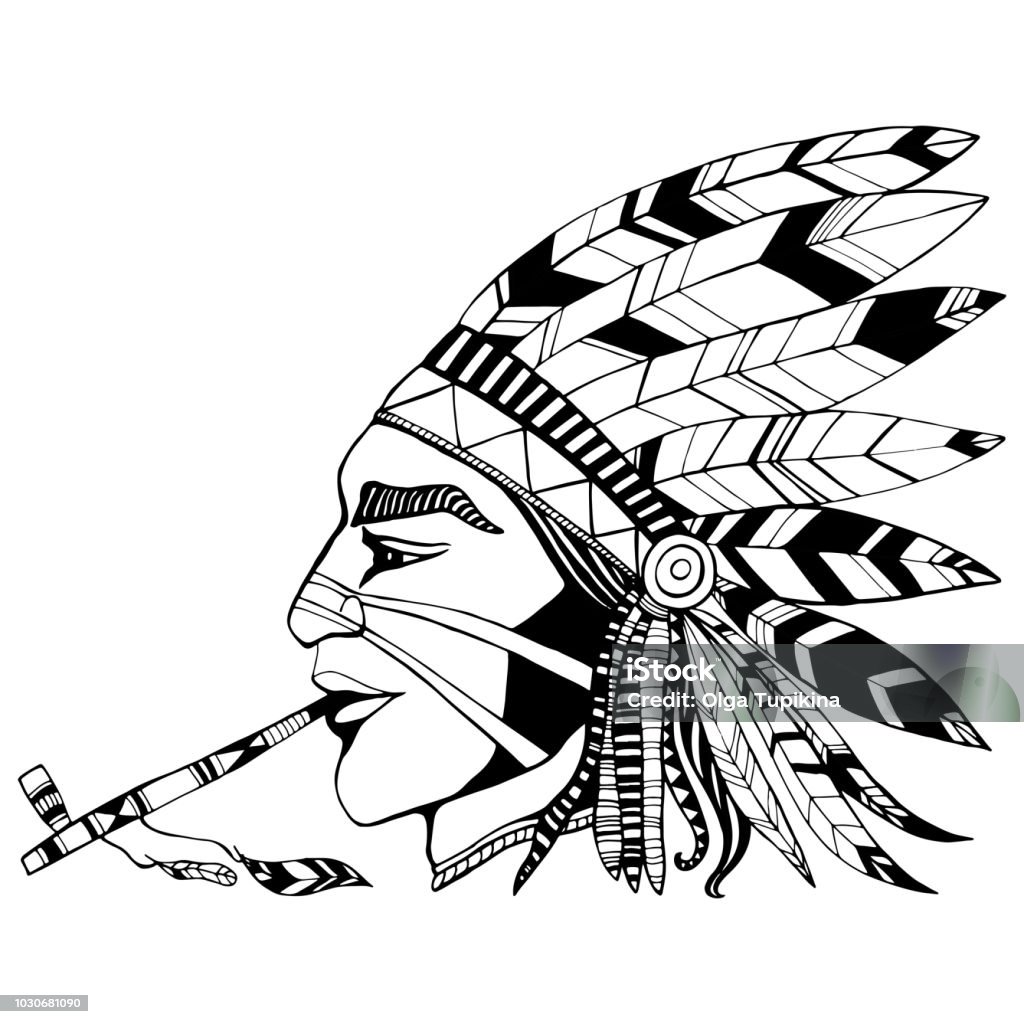 Indian shaman in ethnic costum smokes a pipe of peace coloring p Indian shaman in ethnic costum smokes a pipe of peace coloring page. Native American man tattoo art. Pattern isolated. Vector hand drawn anti stress ornament design element.Cartoon logo, t-shirt,icon. Abstract stock vector