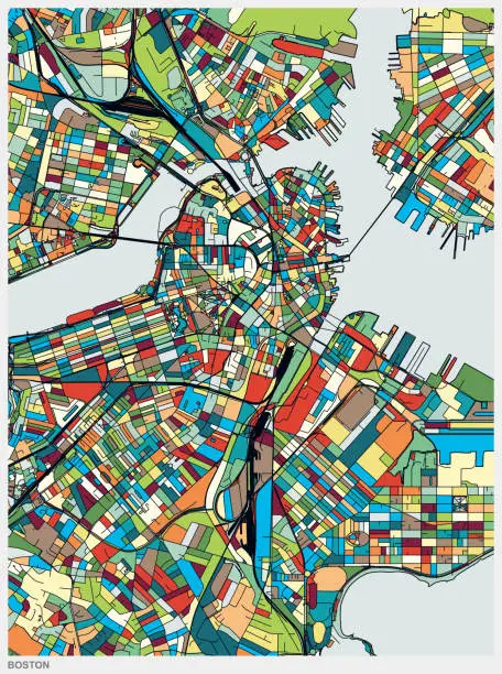 Vector illustration of colorful illustration style map of Boston city