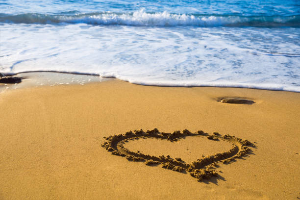 istock Drawing heart on beach sand on beach with sea waves in background. 1030689440