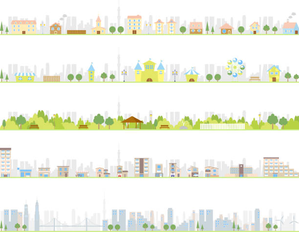 abbildungen der verschiedenen arten der städte - rowns stock-grafiken, -clipart, -cartoons und -symbole