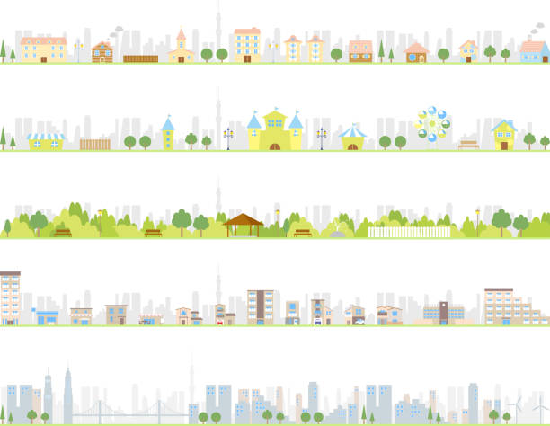 Illustrations of various kinds of cities Illustration of residential area, park, city residential building illustrations stock illustrations