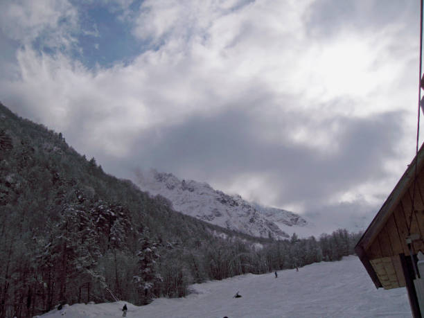 Caucasus mountains under snow and clear cloudy sky