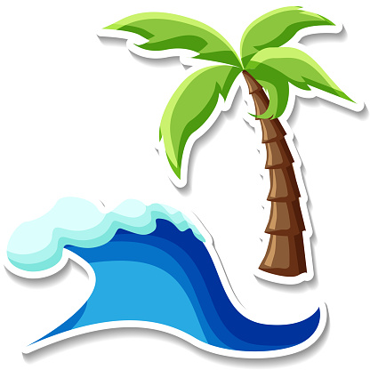 Sea And Palm Tree Stickers Isolated On White Stock Illustration - Download  Image Now - Art, Blue, Bright - iStock