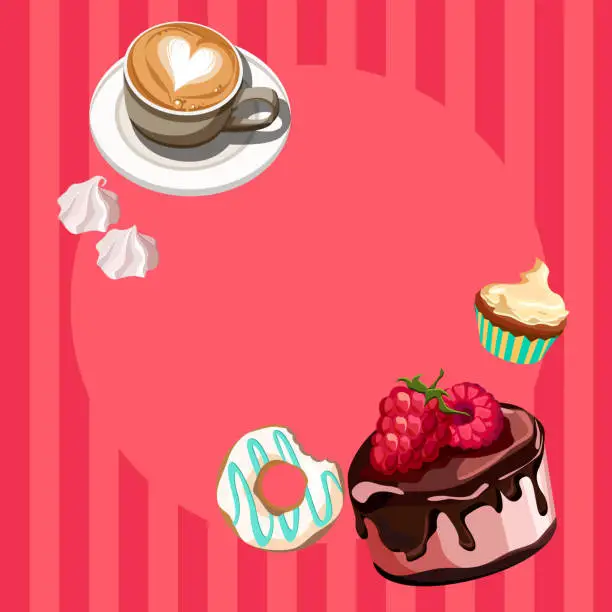 Vector illustration of Pink background with coffee and sweets.