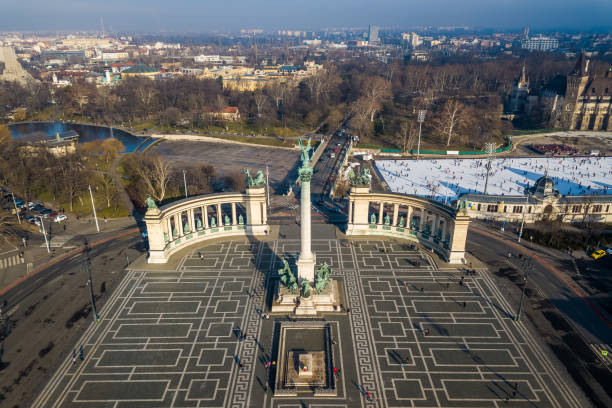 Budapest, Hungary - The famous Heroes' Square from above stock photo