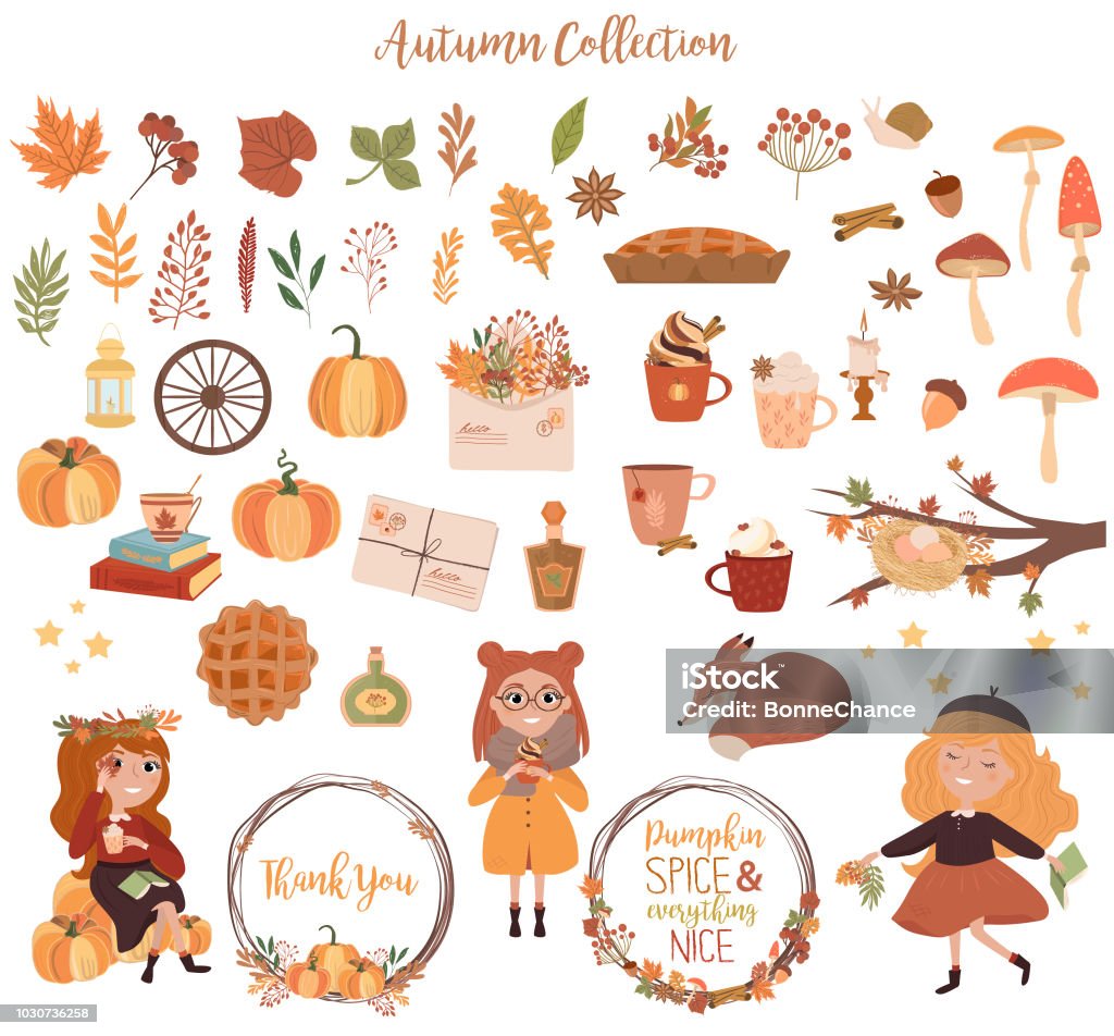 Set of cute Autumn elements. Hello Autumn, fall season icons collection Set of cute Autumn elements. Hello Autumn, fall season icons collection. Editable vector illustration Autumn stock vector