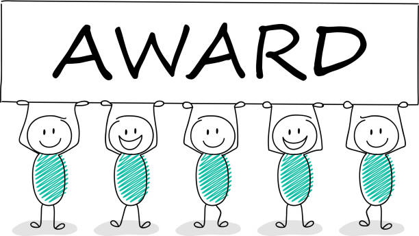 istock Funny business illustration - cartoon stickman holding a banner with slogan: award. Vector. 1030737892
