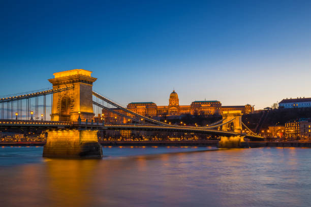 istock Budapest, Hungary - Illuminated Szechenyi Chain Bridge over River Danube and Buda Castle Royal Palace 1030743146