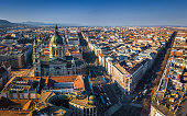 Budapest, Hungary - Aerial view of St.Stephen's basilica with Andrassy street and Bajcsy Zsilinszky street at sunset