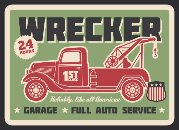 Retro truck wrecker vintage banner for auto service or garage design. Old tow truck with wheel lift grunge poster for emergency vehicle towing and roadside assistance advertising template