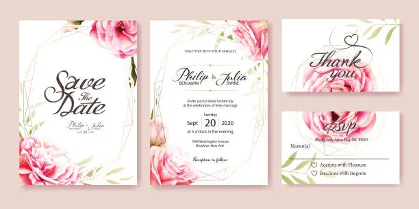 Vector illustration of Wedding Invitation. Vector. Pink rose, olive leaves. Watercolor style.