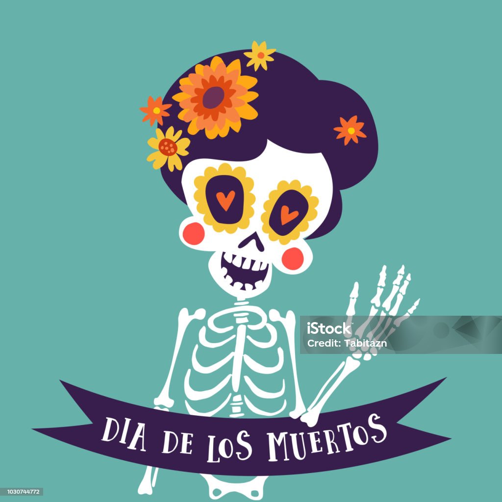 Dia de Los Muertos greeting card, invitation. Mexican Day of the Dead. Skeleton woman with flowers and ribbon banner. Ornamental skull. Hand drawn vector illustration, background. Dia de Los Muertos greeting card, invitation. Mexican Day of the Dead. Skeleton woman with flowers and ribbon banner. Ornamental skull, hand drawn vector illustration, background. Skull stock vector