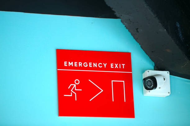 istock Fire emergency exit sign on a green wall.with closed-circuit television 1030747200