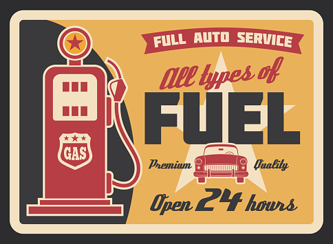 Gas filling station vintage banner for car service template. Retro petrol pump grunge poster with old automobile, ribbon banner and star for fuel station and motor oil shop advertising design