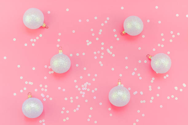 istock Christmas pink flat lay pattern with pearl balls 1030751838