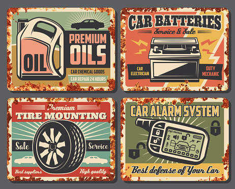 Car service and auto garage repair station posters with rust effect. Vector vintage design for premium engine oils change and battery mechanic and tire pumping or car alarm installation