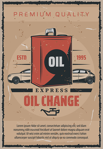 Car engine change or replacement express service advertisement for mechanic garage station. Vector vintage design for transport or automobile repair and maintenance