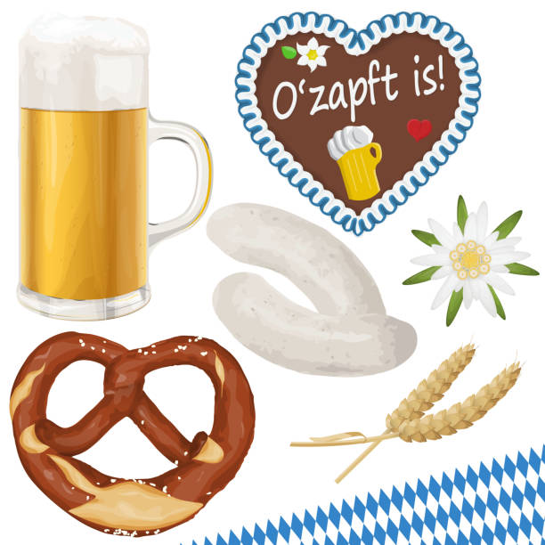 illustrations, cliparts, dessins animés et icônes de objets de collection oktoberfest - munich beer garden veal sausage upper bavaria