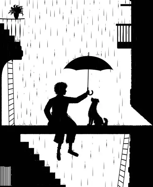 Vector illustration of take care the dog, swagman holding the umbrella above the dog,  my friend dog, black and white,