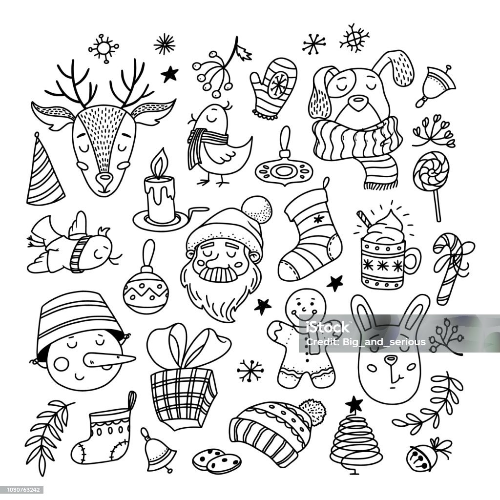 Collection of Chrismas doodles, characters, things Set of Christmas doodles - Santa, deer, snowman, dog and bunny, objects, decorations, vector illustration isolated on white background. Collection of Chrismas doodles - characters, presents, objects Christmas stock vector