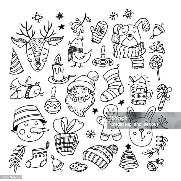 Collection Of Chrismas Doodles Characters Things Stock Illustration - Download Image Now - Christmas, Doodle, Santa Claus