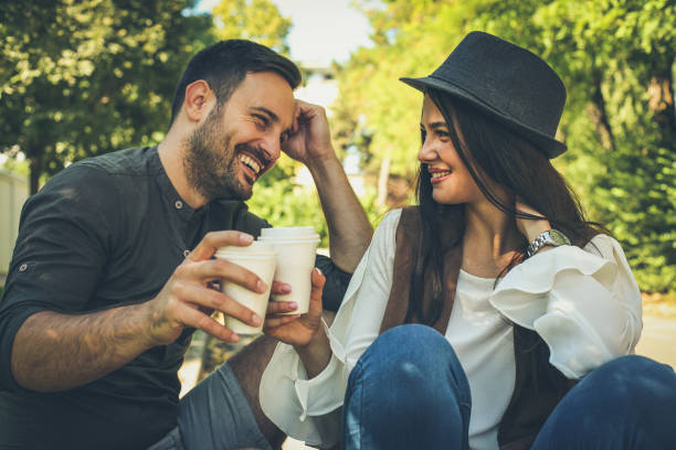 istock Happy young couple at coffee break. 1030763868