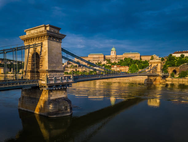 budapest, ungarn - panorama luftaufnahme des széchenyi kettenbrücke mit buda castle-royal palace im hintergrund - nobility royal palace of buda budapest palace stock-fotos und bilder