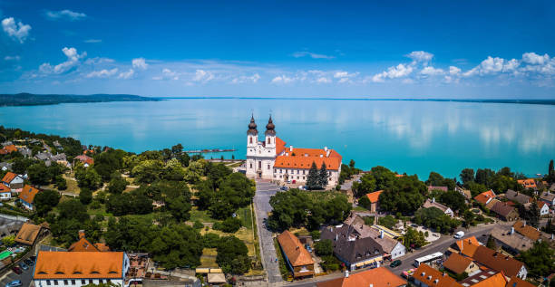 Tihany, Hungary - Aerial panoramic view of the famous Benedictine Monastery of Tihany (Tihany Abbey) stock photo