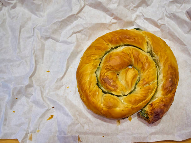 A traditional Spanakotiropita, Spinach and Feta cheese pie, typical greek street food.