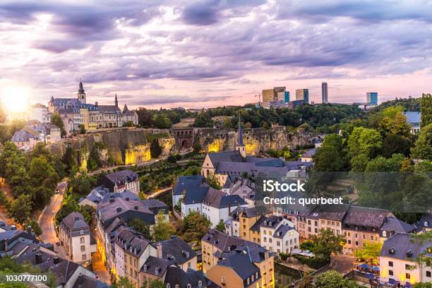 Luxembourg Kirchberg At Sunset Stock Photo - Download Image Now - Luxembourg City - Luxembourg, Luxembourg - Benelux, Cityscape