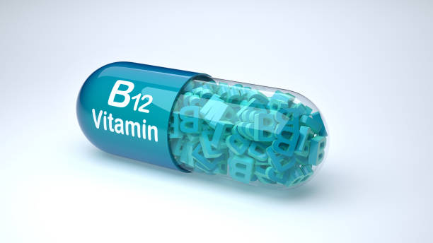 青い錠剤またはカプセル ビタミン b 12 でいっぱい。 - vitamin pill flash ストックフォトと画像
