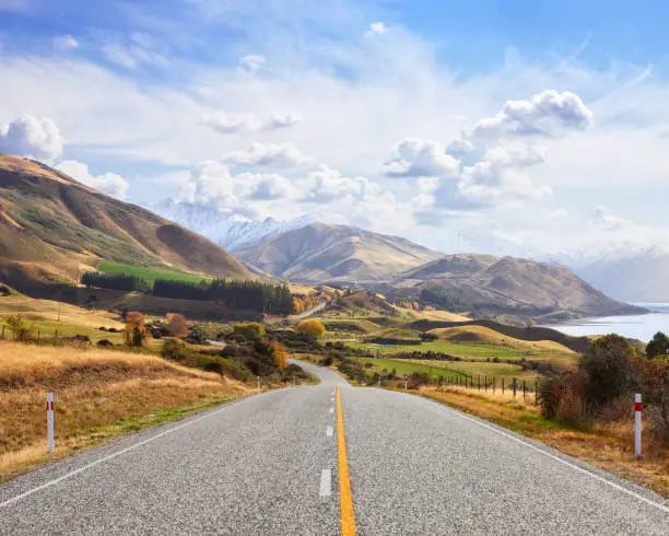 Scenic road  near Lake Hawea in the sunny  autumn day, South island,  New Zealand