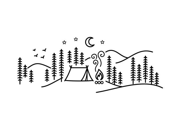 ilustraciones, imágenes clip art, dibujos animados e iconos de stock de ilustración de vector minimalista hermoso - camping en un bosque, placeres sencillos - wilderness area illustrations
