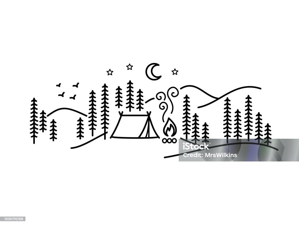 Bella illustrazione vettoriale minimalista - campeggio in una foresta, piaceri semplici - arte vettoriale royalty-free di Campeggiare